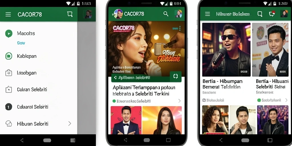Antarmuka aplikasi CACOR78 yang menampilkan berita hiburan selebriti terbaru.