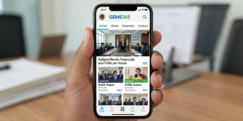 Antarmuka GEMS365 yang menampilkan berita politik dan hukum terbaru.